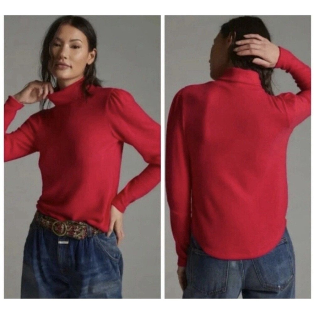 Anthropologie Hot Pink Puff Sleeve Knit Turtleneck‎ Sweater Top Women’s Size XS